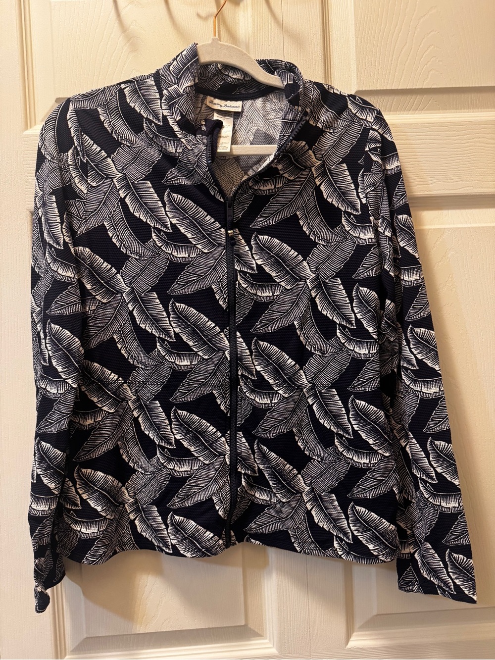 Tommy Bahama Navy and White Leaf-Print Zip Bomber Jacket